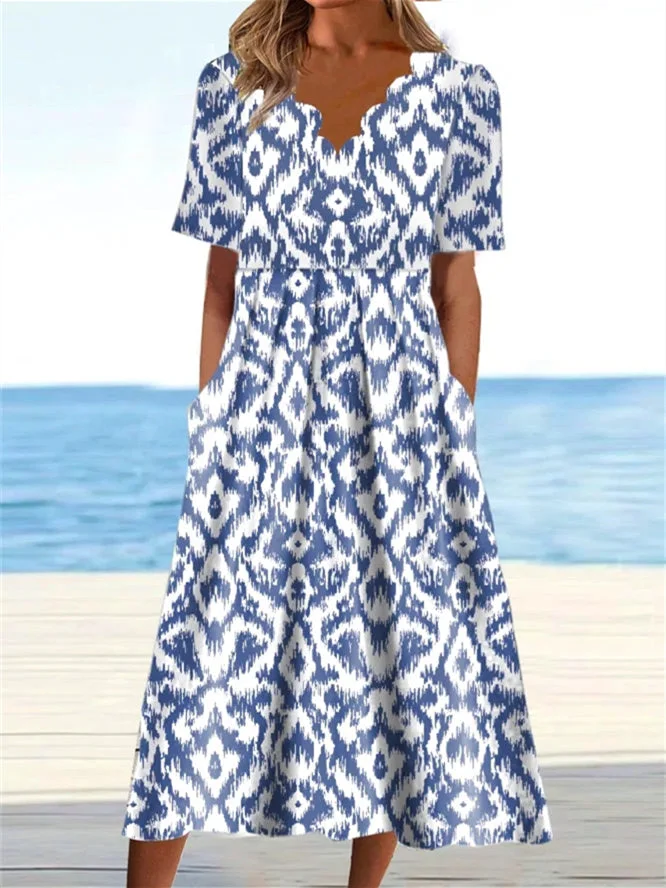 Women's Blue V-Neck Short Sleeve Graphic Maxi Dress