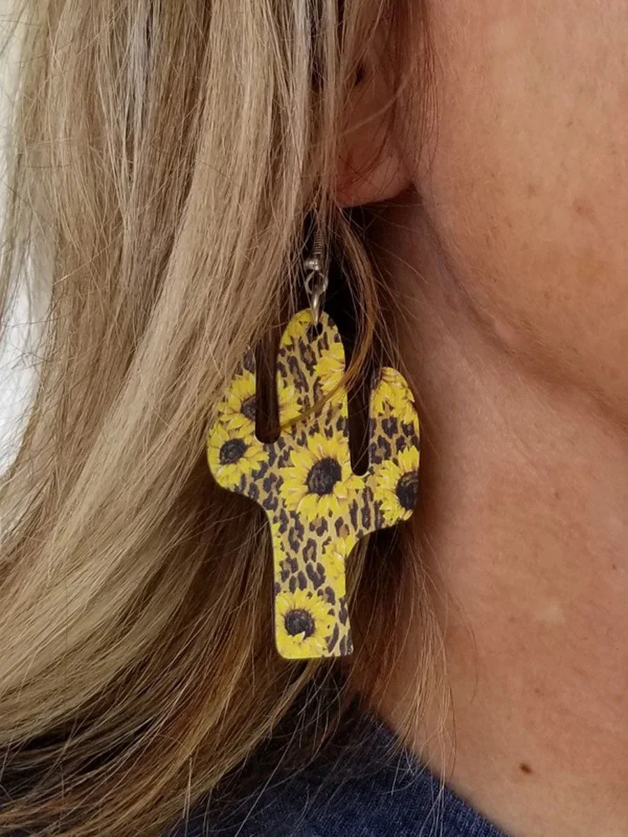 Sunflower Printed Cactus Pattern Wooden Earrings