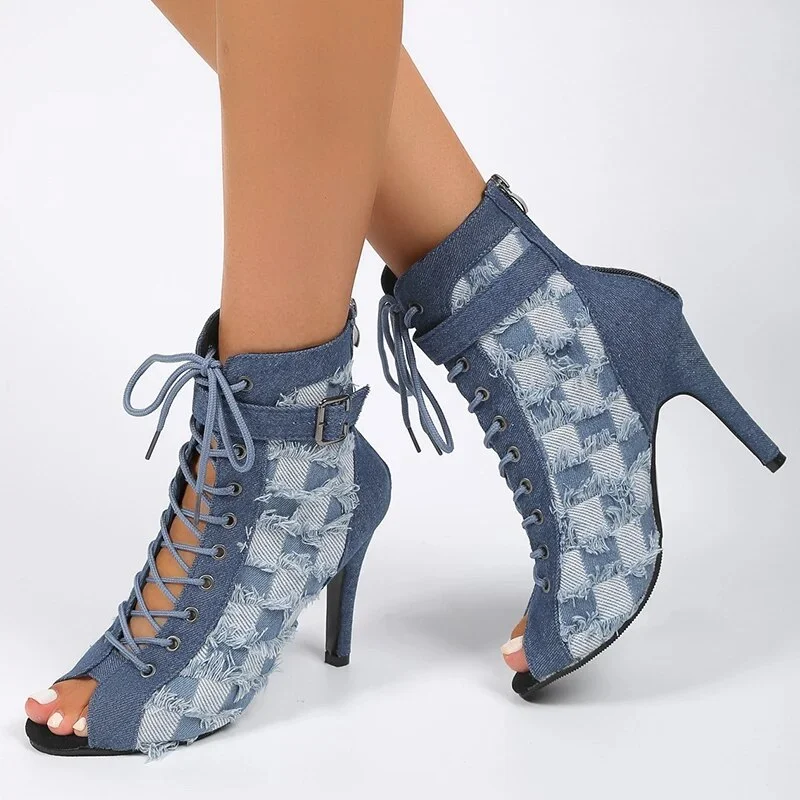 Zhungei Peep Toe Denim Ankle Boots Women Stiletto High Heels Gladiator Summer Booties Woman Zipper Cross-Tied Dress Shoes Ladies