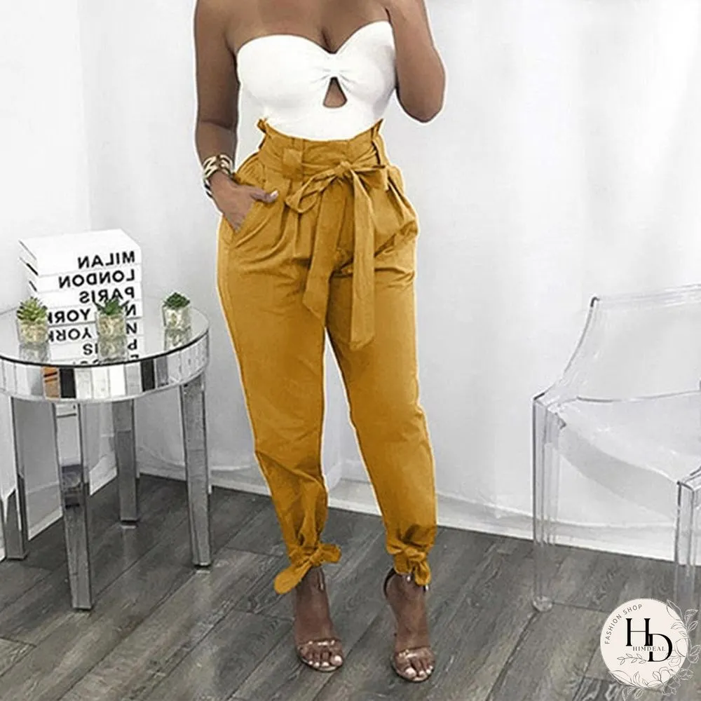 Loose Bow Tie Ruffles Women Pants Casual Solid High Waisted Belt Pocket Spring Women