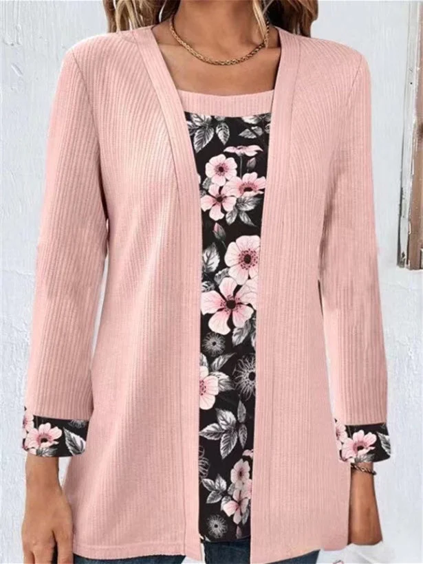 Women's Stitching Plaid Floral Printed Square Collar Long Sleeve Fake Two Top