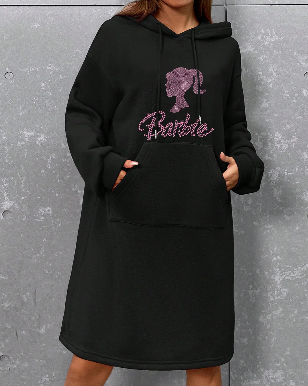 Rhinestones Barbie Girl Letter Graphic Kangaroo Pocket Drop Shoulder Drawstring Hoodie Dress