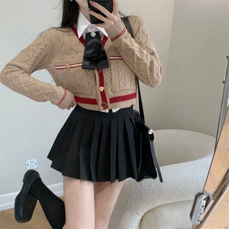 Tie Neck Shirt / Cardigan / Pleated Skirt YP1467