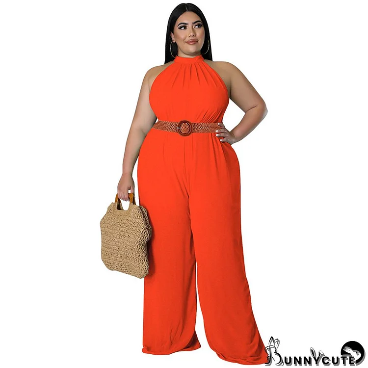 Plus Size Women's Casual Solid Color Belted Jumpsuit