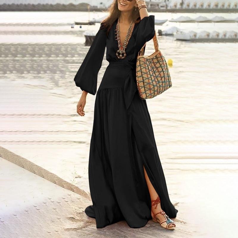ZANZEA 2022 Elegant Women Deep V Neck Long Sleeve Maxi Sundress Spring Bohemian Beach Long Dress Casual Split Hem Party Vestidos