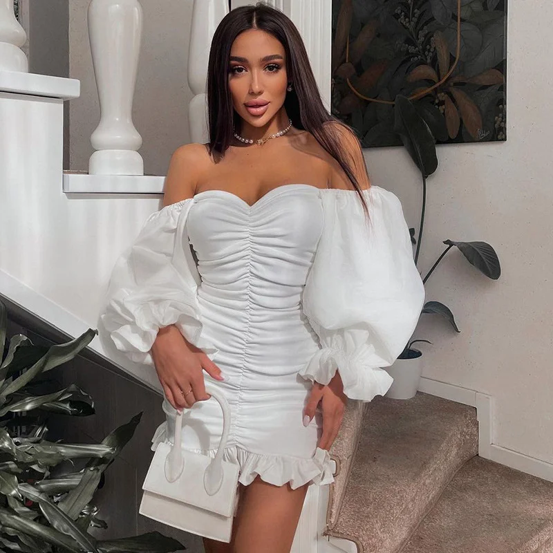 2023 Autumn  Women Solid Off Shoulder Long Loose Flare Puff Sleeve Ruched Mini Dress Streetwear Outfit Fashion