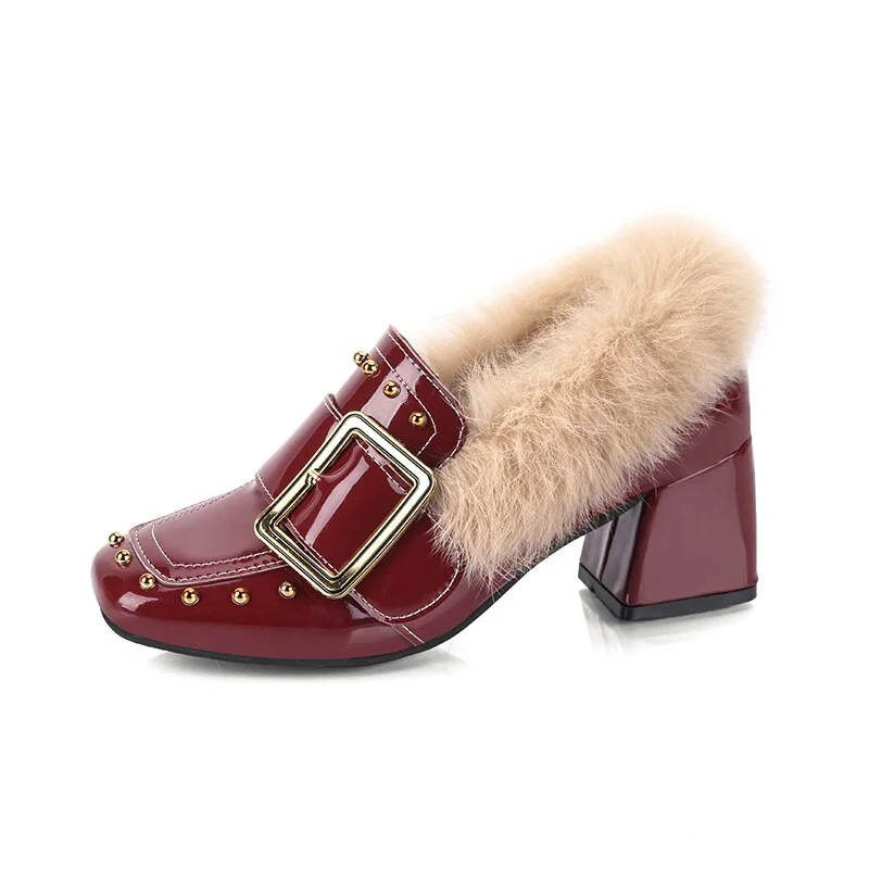 Women High Heel Casual Shoes Fashion Fur Decoration Rivet Pumps Buckle Office Ladies Shoes Warm Women Party Wedding Fur Shoes