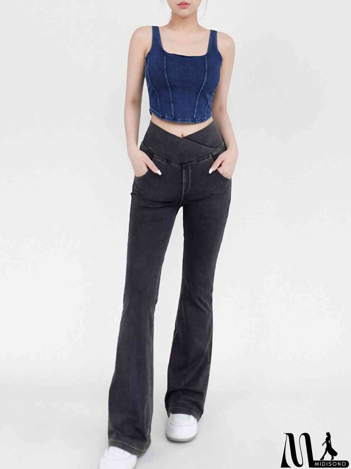 MidiSono - Wide Waistband Bootcut Jeans with Pockets