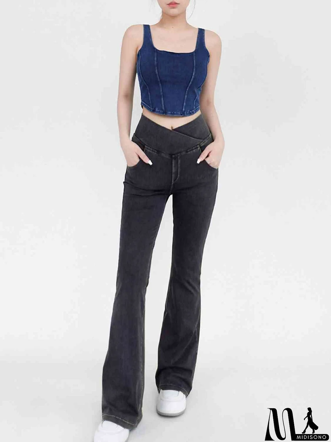 MidiSono - Wide Waistband Bootcut Jeans with Pockets
