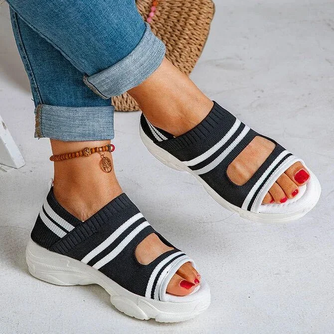 Women's Sandals Woman Shoes Stretch Fabric Slip On Hollow Out Peep Toe Thick Bottom Casual Cover Heel Ladies Female 2020 New
