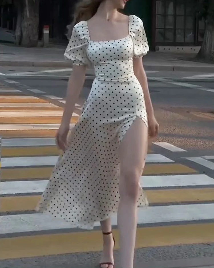 Puff Sleeve Polka Dot Print Slit Dress