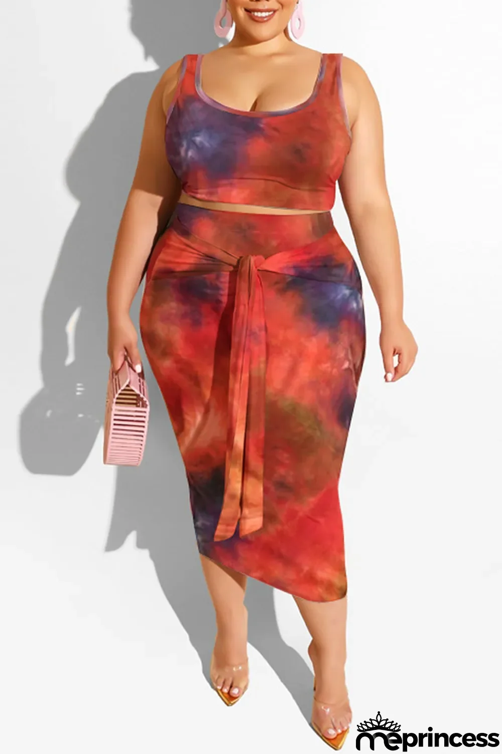 purple Polyester Sexy Slip Print Belt Tie Dye Plus Size