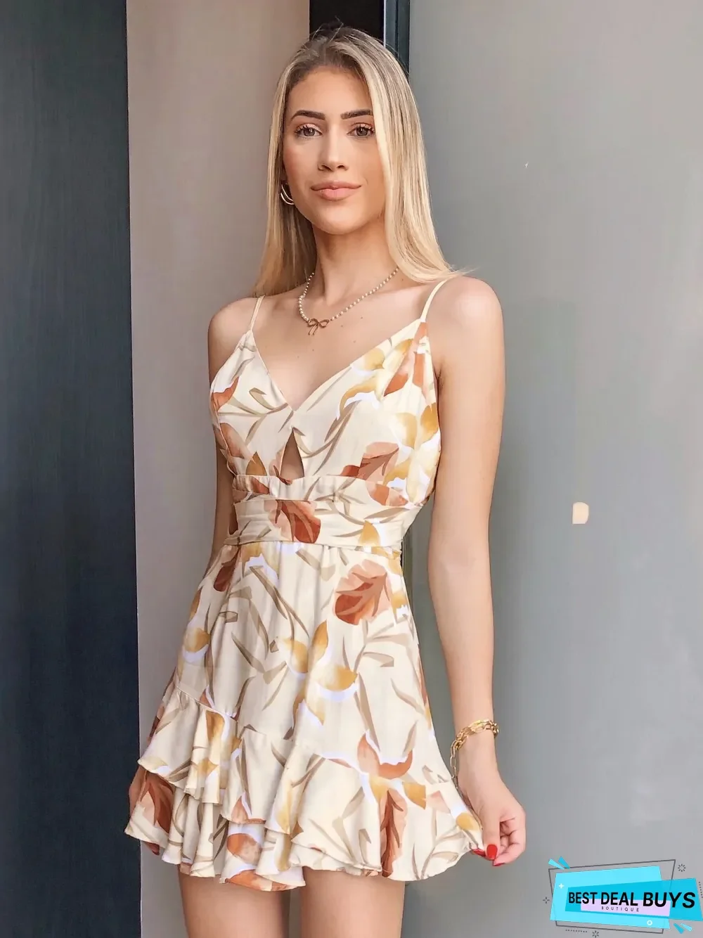 Slit Printed V Neck Sleeveless Women's Dress