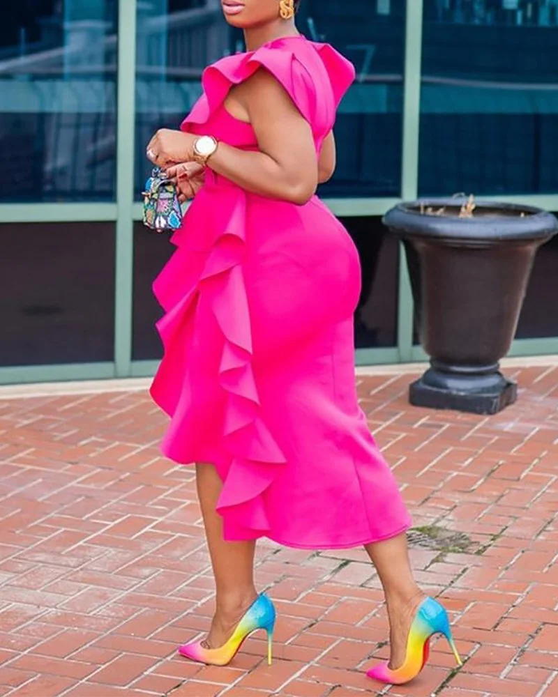 Elegant Solid Color Ruffled Dress