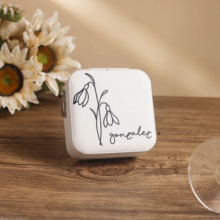 Custom Name Jewelry Gift Box with Birth Flower Personalized Travel Jewelry Box White Box