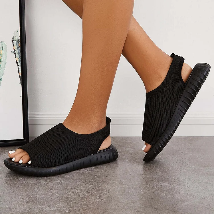 Black Peep Toe Slingback Mesh Knit Sport Sandals
