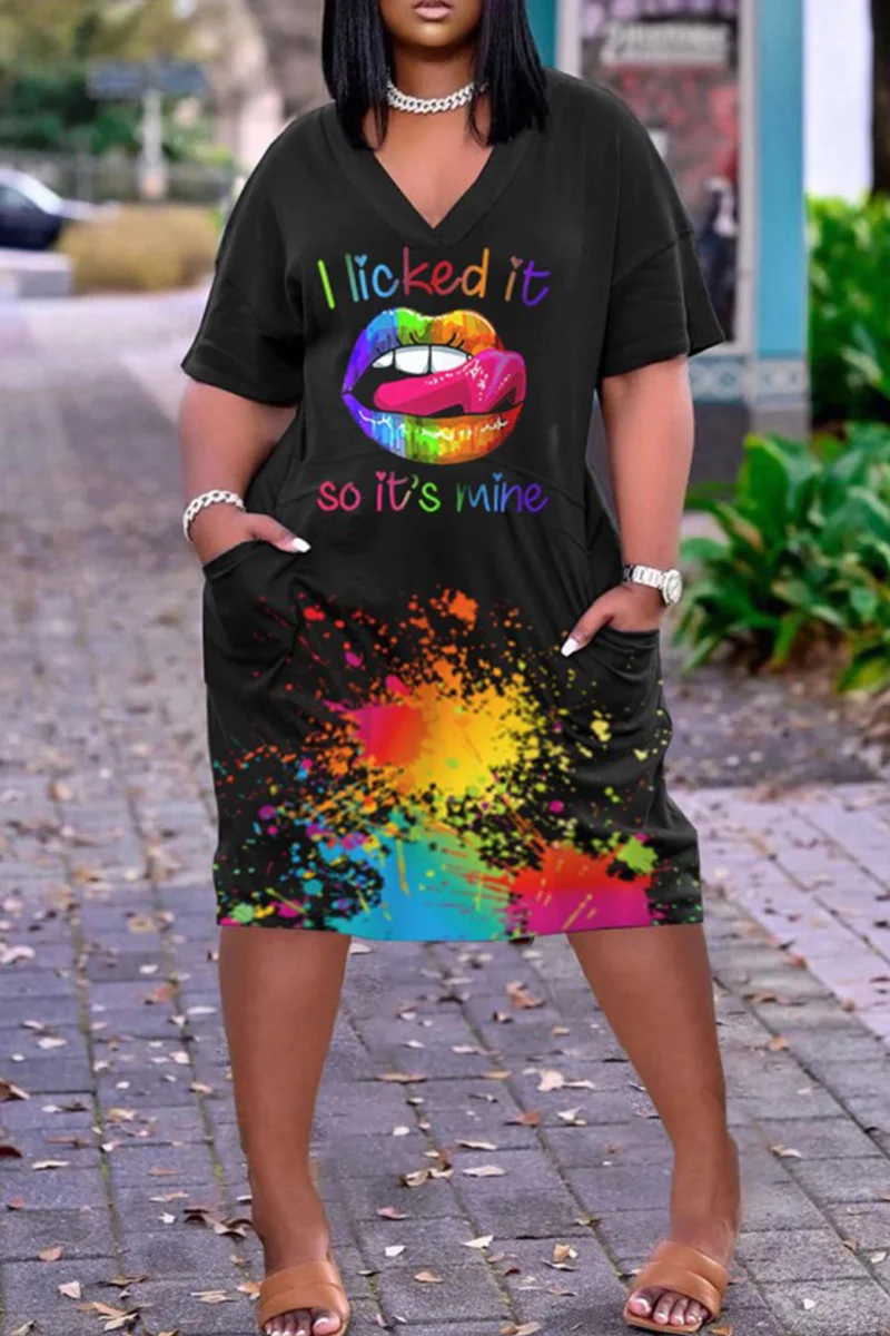 Black Yellow Fashion Casual Print Basic V Neck Short Sleeve Dress