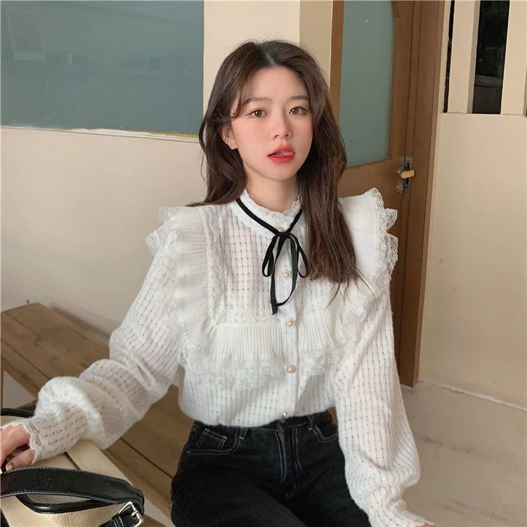 Tie-Neck Lace Trim Blouse YP2874