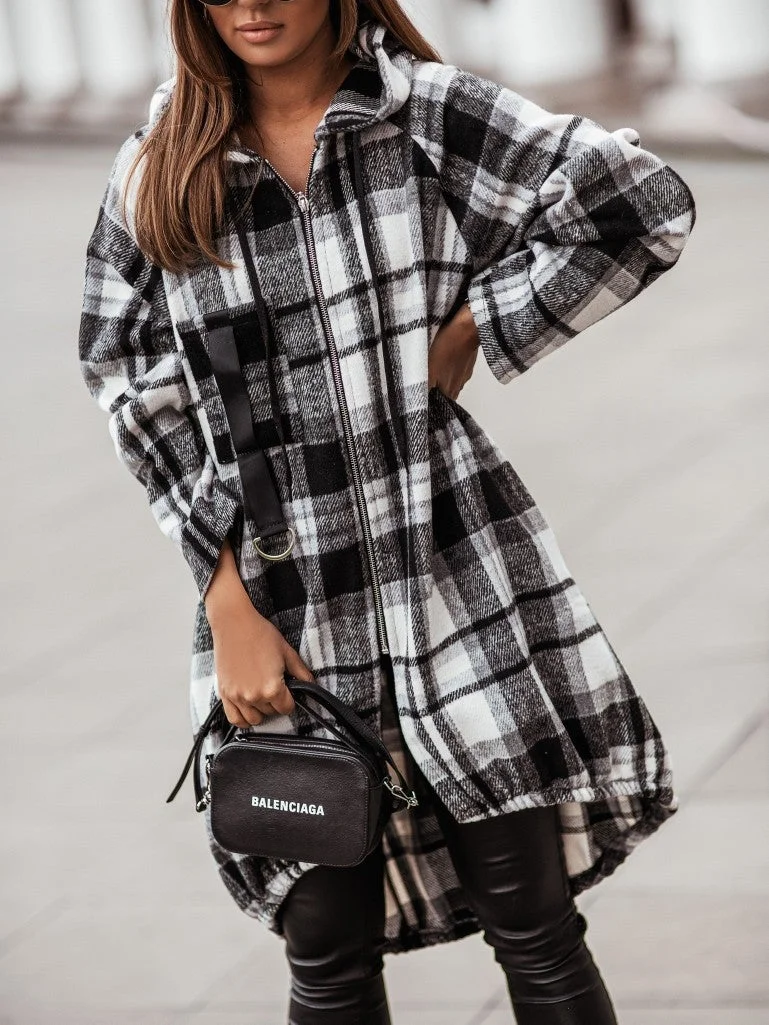Plaid Zipper Casual Mid-length Hooded Shirt Woman Jacket