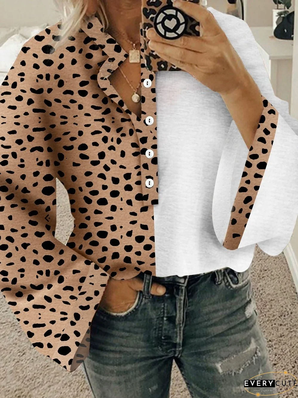 Leopard Print Khaki Casual Blouse with Button Detail