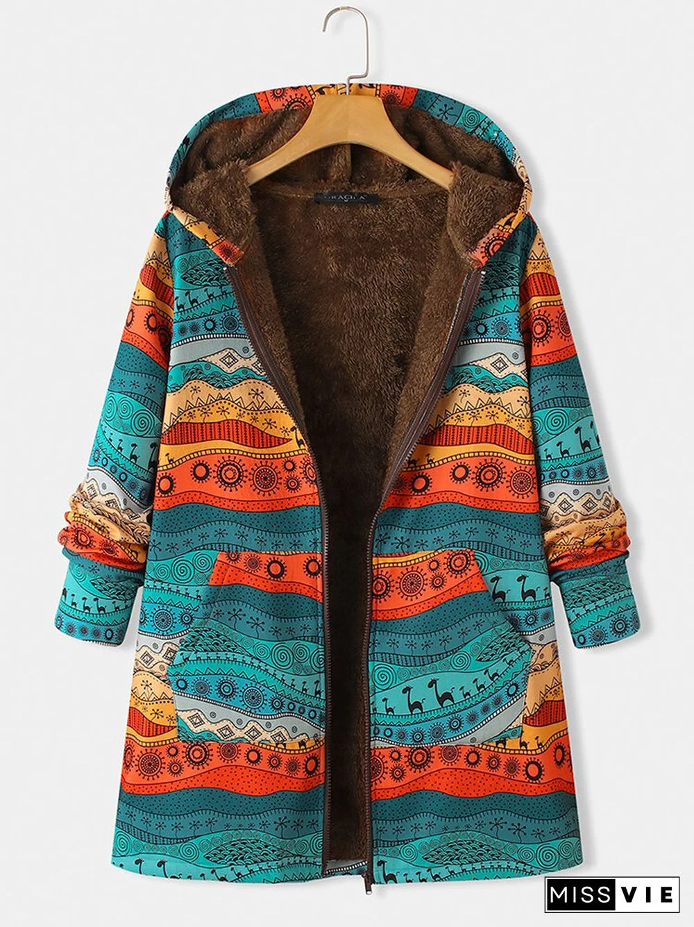 Ethnic Printed Long Sleeve Hooded Thicken Coat For Women