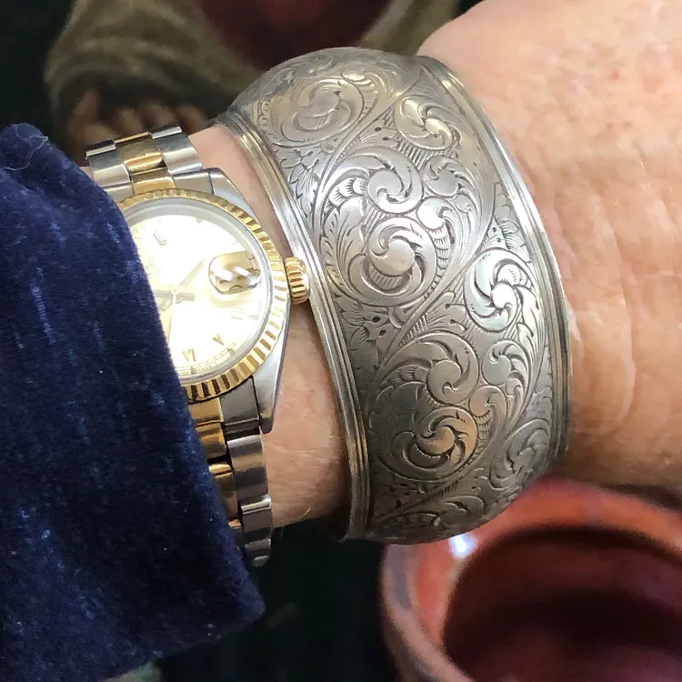 Vintage Sterling Silver Western Etched Cuff Bracelet