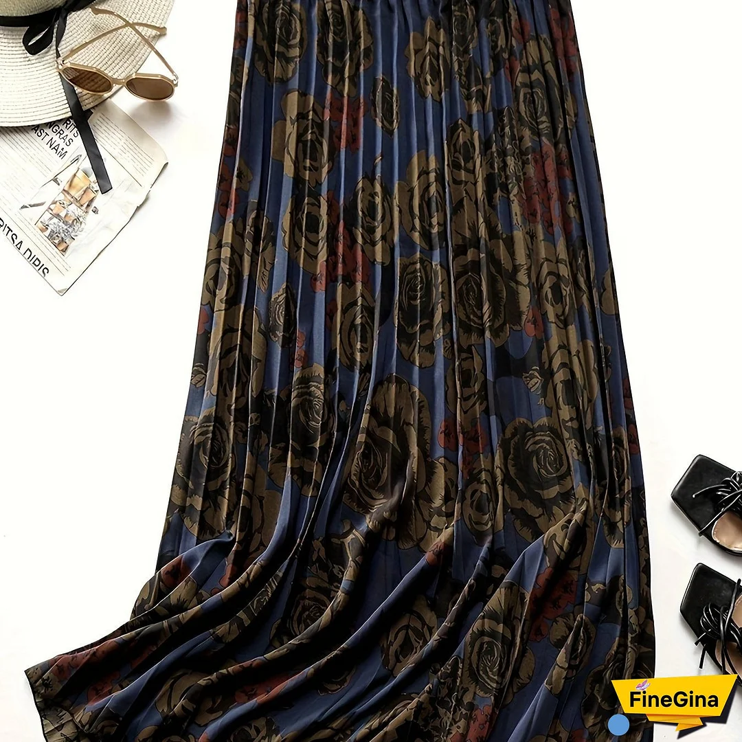 Plus Size Floral Print Pleated Skirt, Elegant Skirt For Spring & Summer, Women's Plus Size Clothing