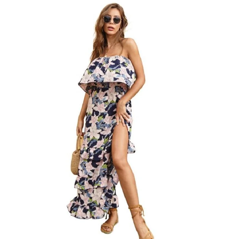 2020 Sunmmer New Slim Women Dew Shoulder Dress Print Flower Chiffon Long Dress Sexy vintage Open Fork Dresses Elegant Vestidos
