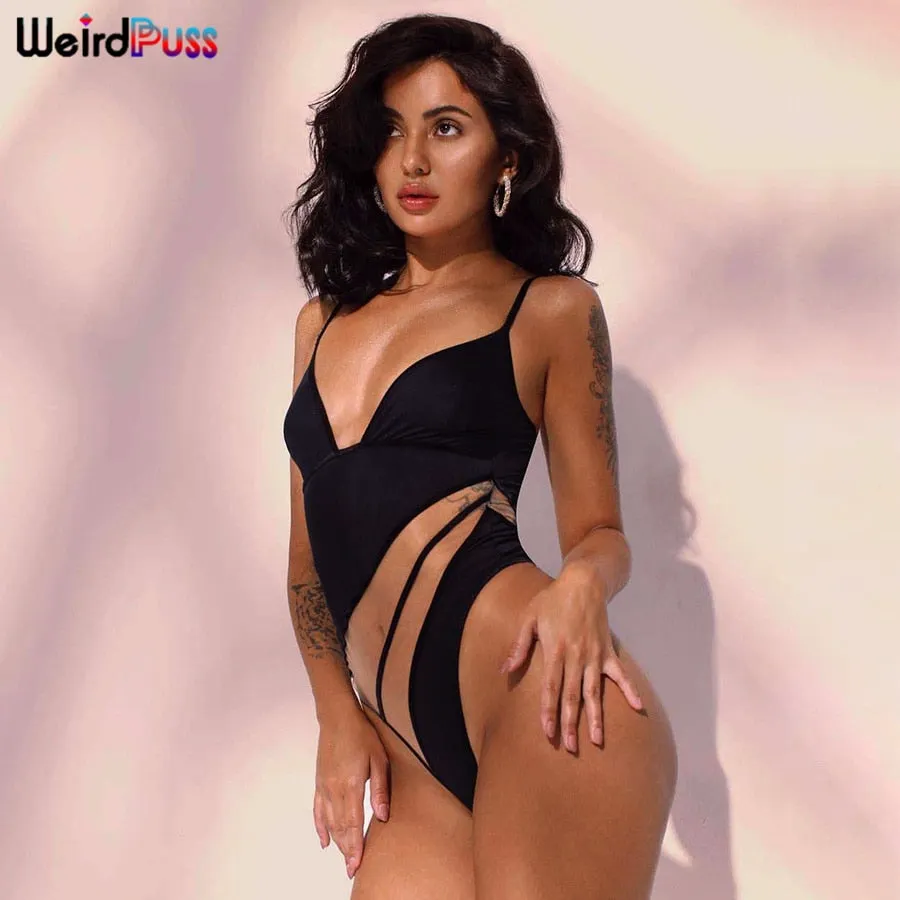 Weird Puss Sexy Strap Bodysuit Women Deep V Neck Bodycon Mesh Patchwork Summer sleeveless Hipster wild Slim Clubwear Beach Top