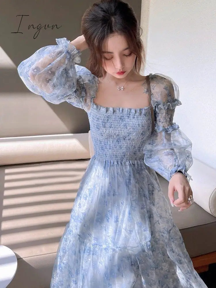 Ingvn - Summer Lace Elegant Midi Dress Women Puff Sleeve Square Collar Boho Beach Floral Female