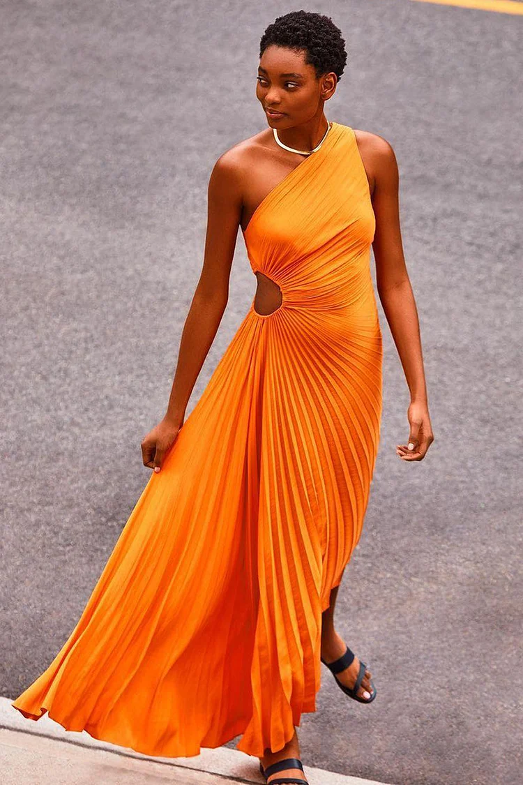 One Shoulder Pleated Cut Out Gown Maxi Dress