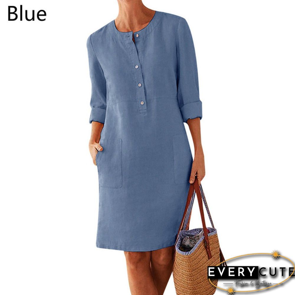 Women Casual Round Neck Dress Cotton And Linen Loose Botton Plus Size Long Sleeve Midi Dress