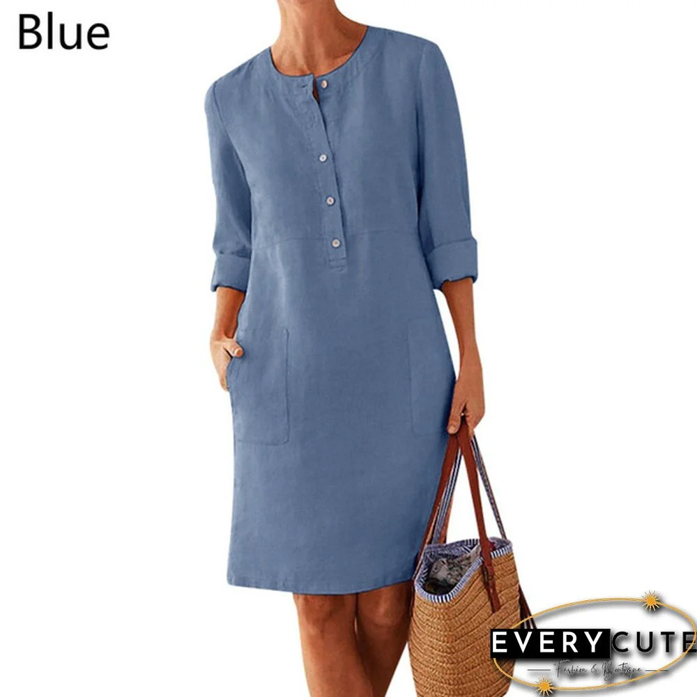 Women Casual Round Neck Dress Cotton And Linen Loose Botton Plus Size Long Sleeve Midi Dress