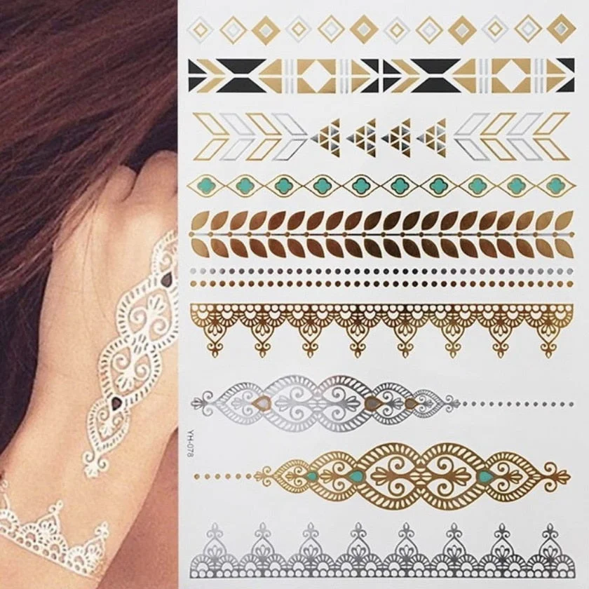 Women Body Art Gold Silver Metallic Tattoo Sticker Chain Bracelet Fake Jewelry Waterproof Temporary Tattoo Arm Sleeve Hand Wrist