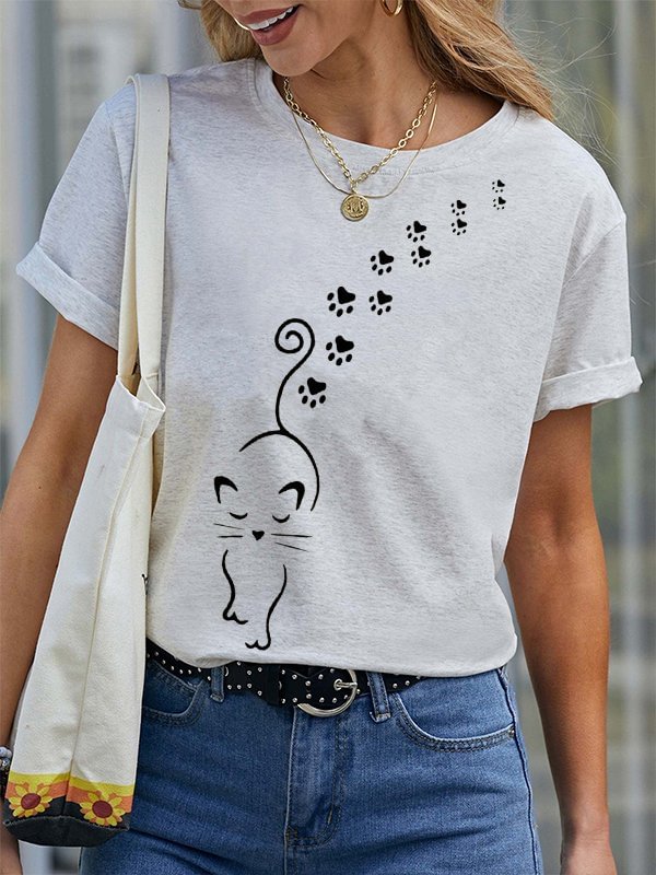 Women's Cute Cat Dog Paw Printed Casual T-shirt