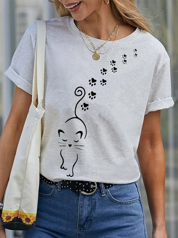 Women's Cute Cat Dog Paw Printed Casual T-shirt