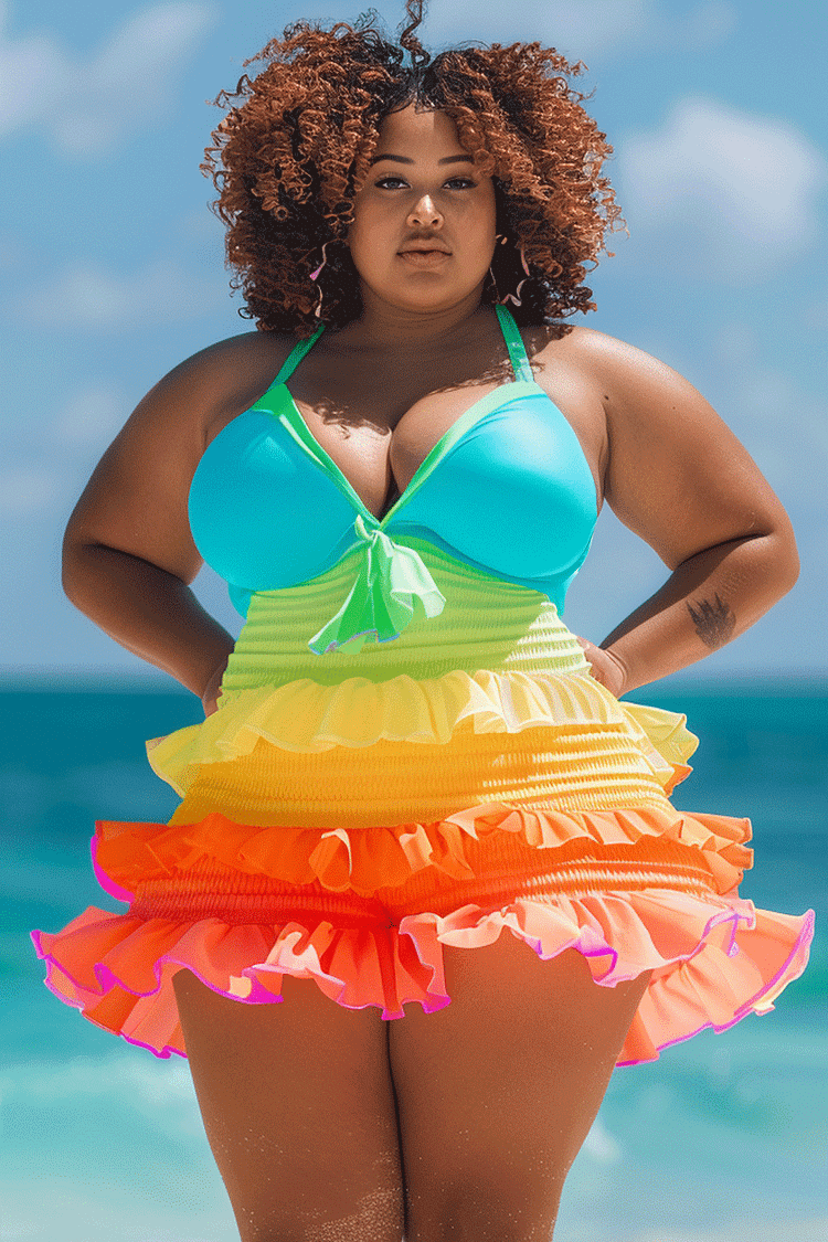 Xpluswear Design Plus Size Vacation Multicolor Rainbow Cami Ruffled Hem Swimwear Dress [Pre-Order]