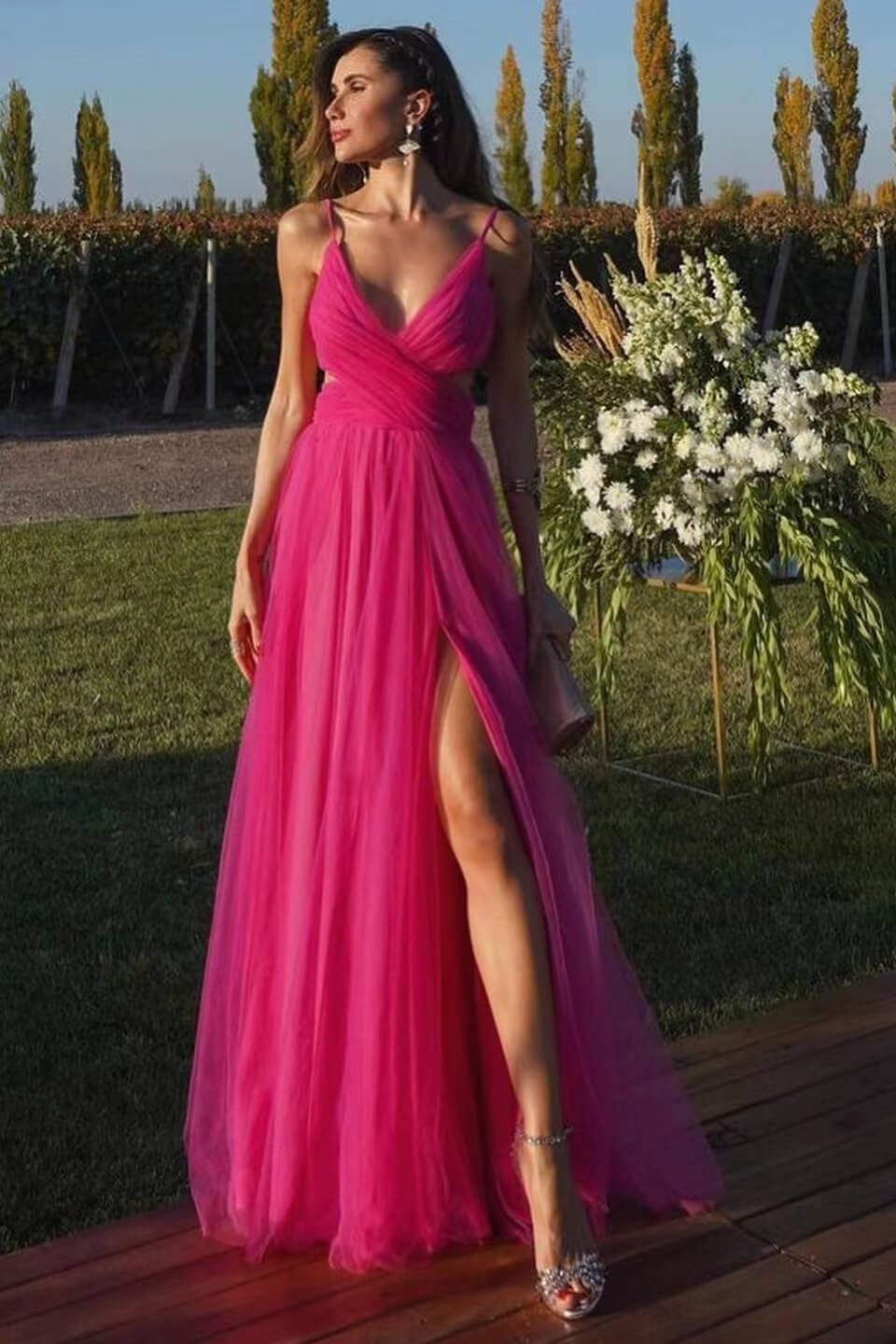 Fuchsia Tulle Split Prom Dress A Line With Spaghetti-Straps | Ballbellas Ballbellas
