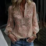 Women's Vintage Pink Rose Linen Blend Long Sleeve T-shirt - Image 2