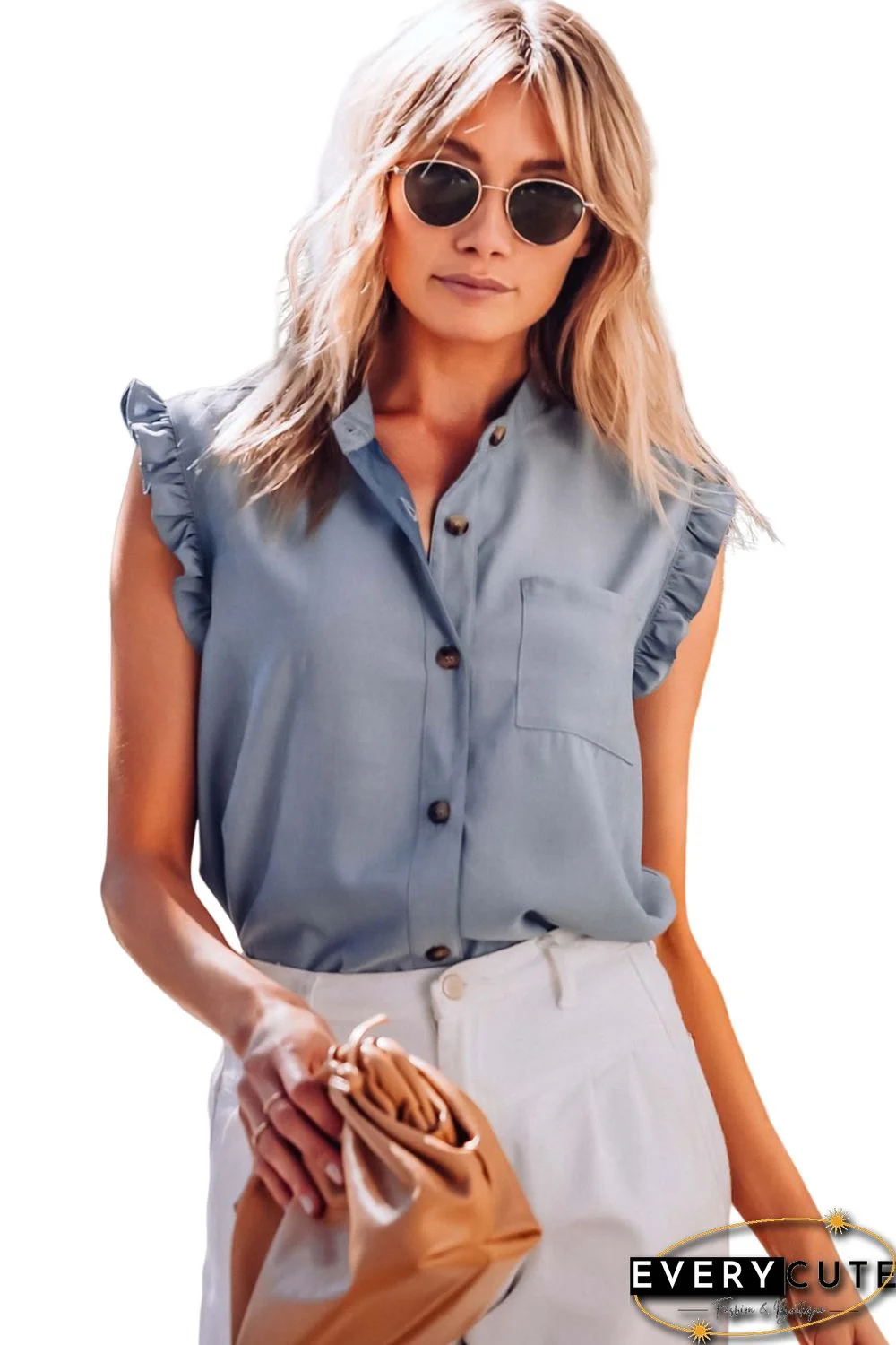 Sky Blue Button Up Ruffled Sleeveless Shirt with Chest Pocket