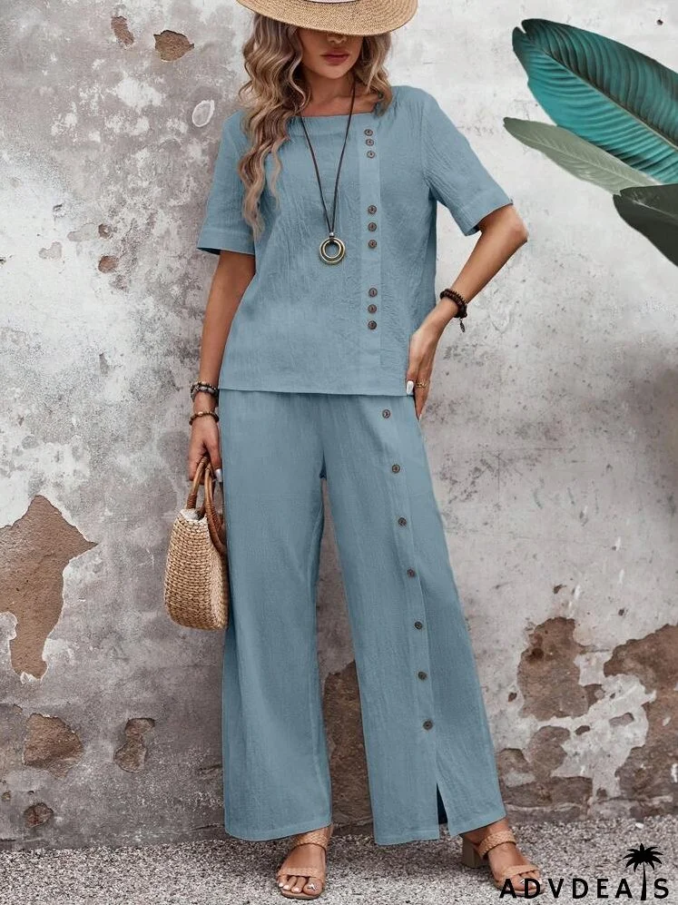 Women's Pure Color Loose Fit Suit With Buttons Down The Front For Spring/Summer Vacation