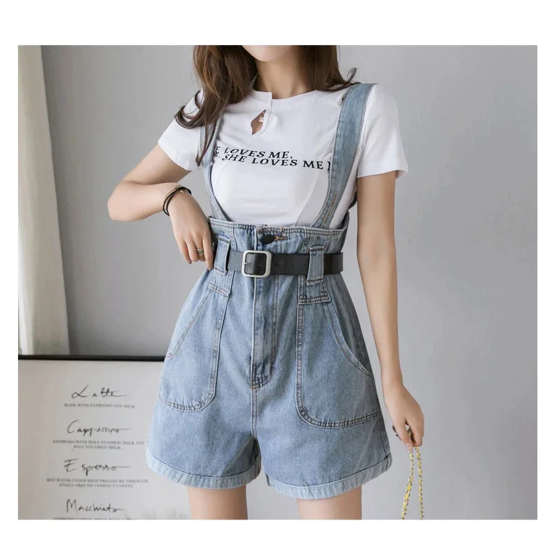 Tlbang Summer Girl Short Denim Jumpsuit Fashion Romper Women High Waist Belt Overalls Casual Jeans Short Bib Shorts S-3XL