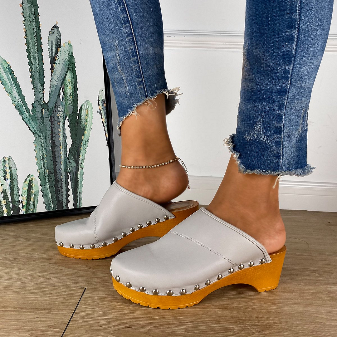 Women's Mule Sandals Low Heel Wooden Slip-on Shoes