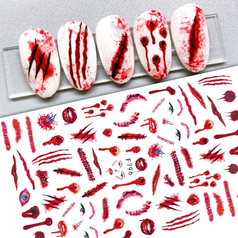 1PC Scarry Bloody Halloween Christmas Theme 3D Nail Stickers Red Hand Scar Lips Cartoon Slider Nail Design Manicures Decoration