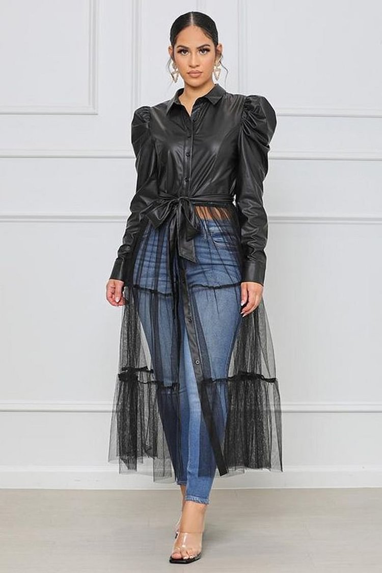 Tulle Faux PU Leather Maxi Dresses Mesh Tops Blouse