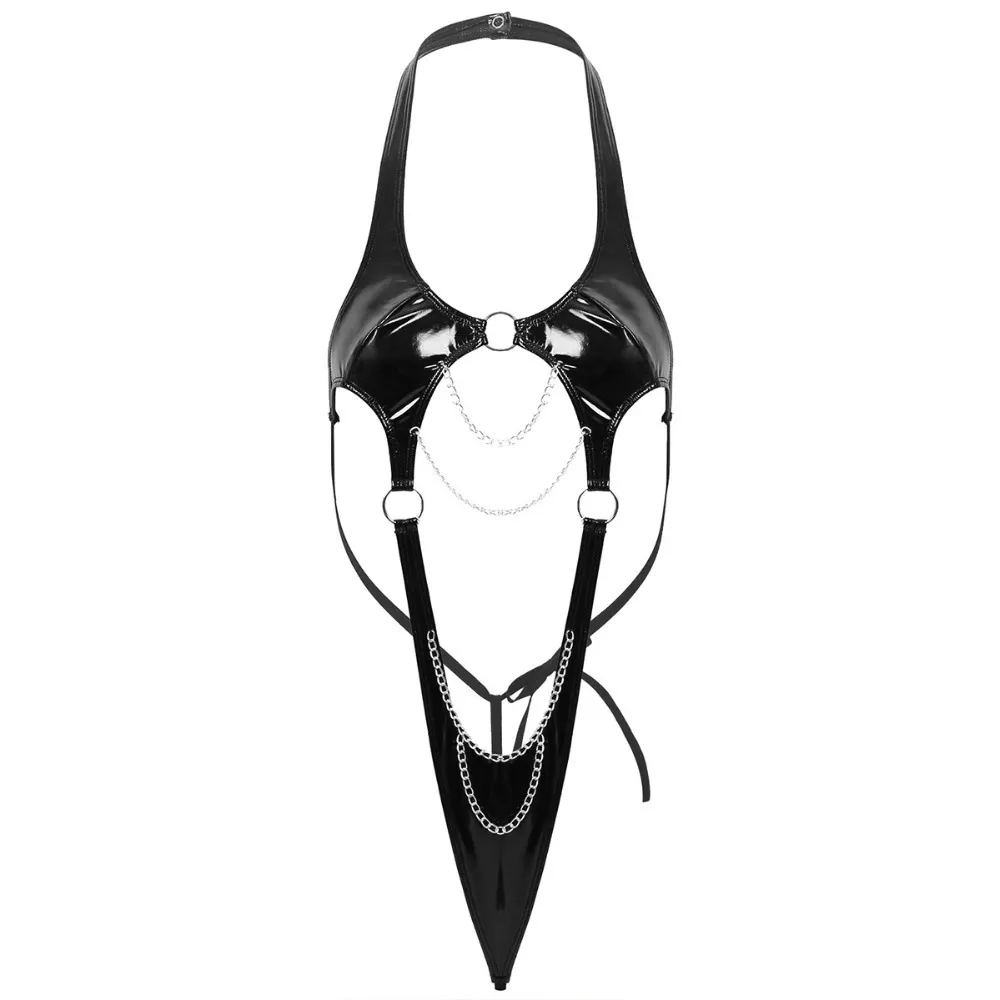 Churchf Sex Lingerie Sexy Women's Conjoined Neck Patent Skin Hollow Lingerie Game Dress