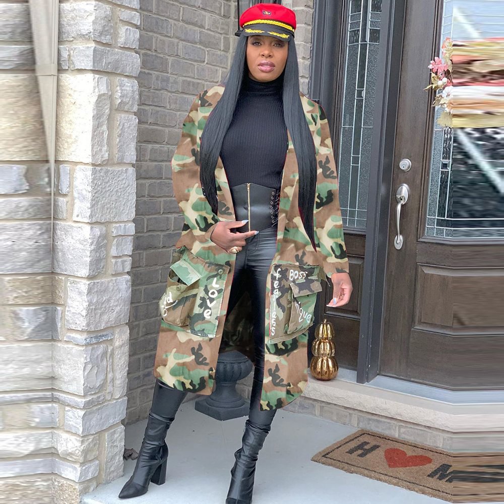 Women's Long Casual Fashion Camouflage Printed Patch Coat