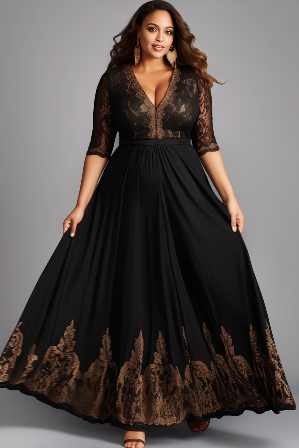 Flycurvy Plus Size Mother Of The Bride Black Chiffon Lace 3/4 Sleeve Maxi Dress