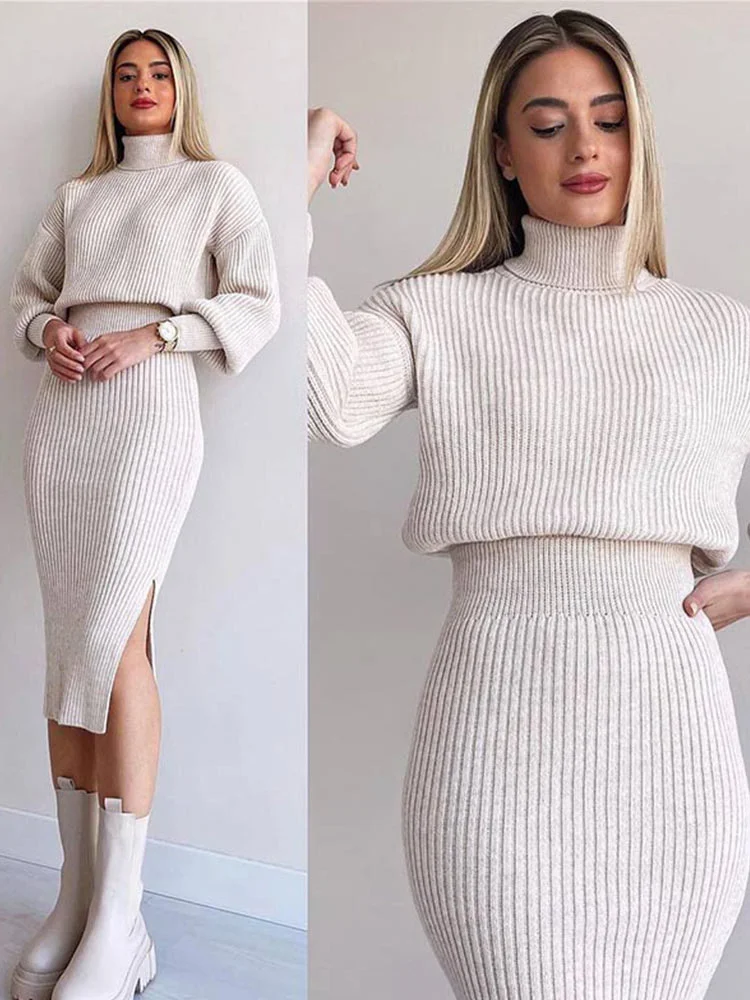 Toloer Toloer Elegant Knitted Dress 2 Pieces Set Long Sleeve Cropped Sweater And Slit Dress Suits Female Sexy Soft Pullover Outfits 1127-1-Outfit Ideas
