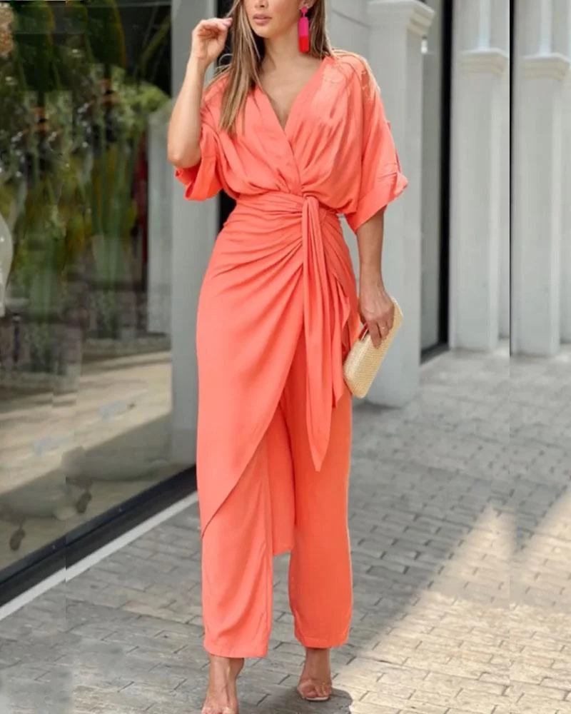 Pleated Lace Up Loose Top Trousers Two Piece Set